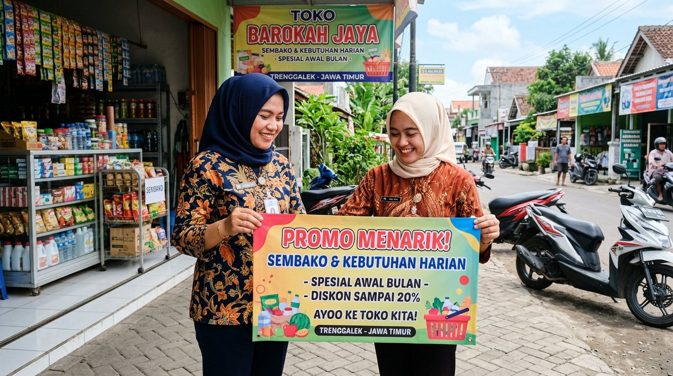 Pemilik toko memegang hasil cetak spanduk promosi sembako di Trenggalek