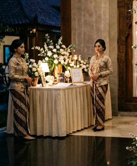 Meja registrasi tamu undangan dengan busana kebaya batik rapi selaras dengan dekorasi banner pesta