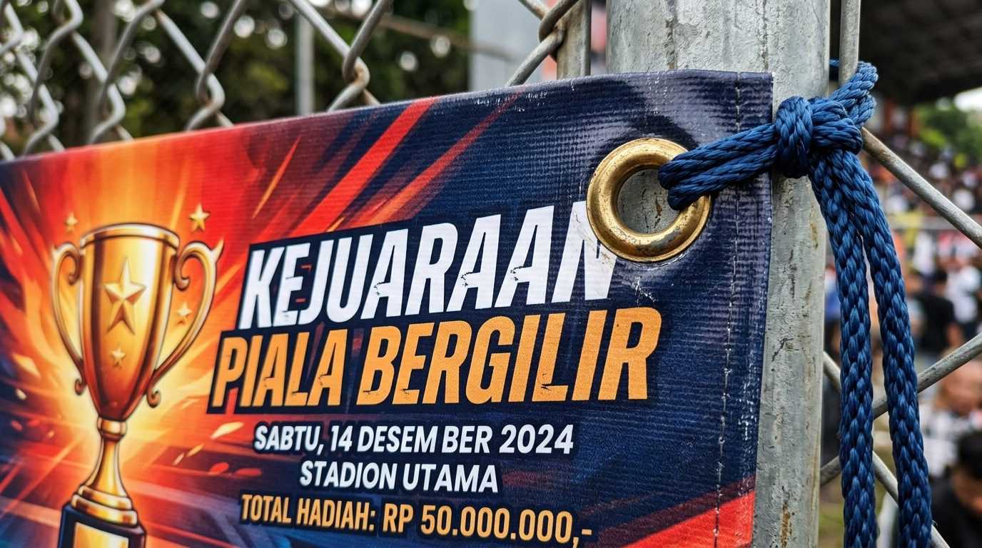 Detail cetakan gambar trofi emas kejuaraan, tipografi teks piala bergilir, total hadiah, dan ring mata ayam pada spanduk turnamen