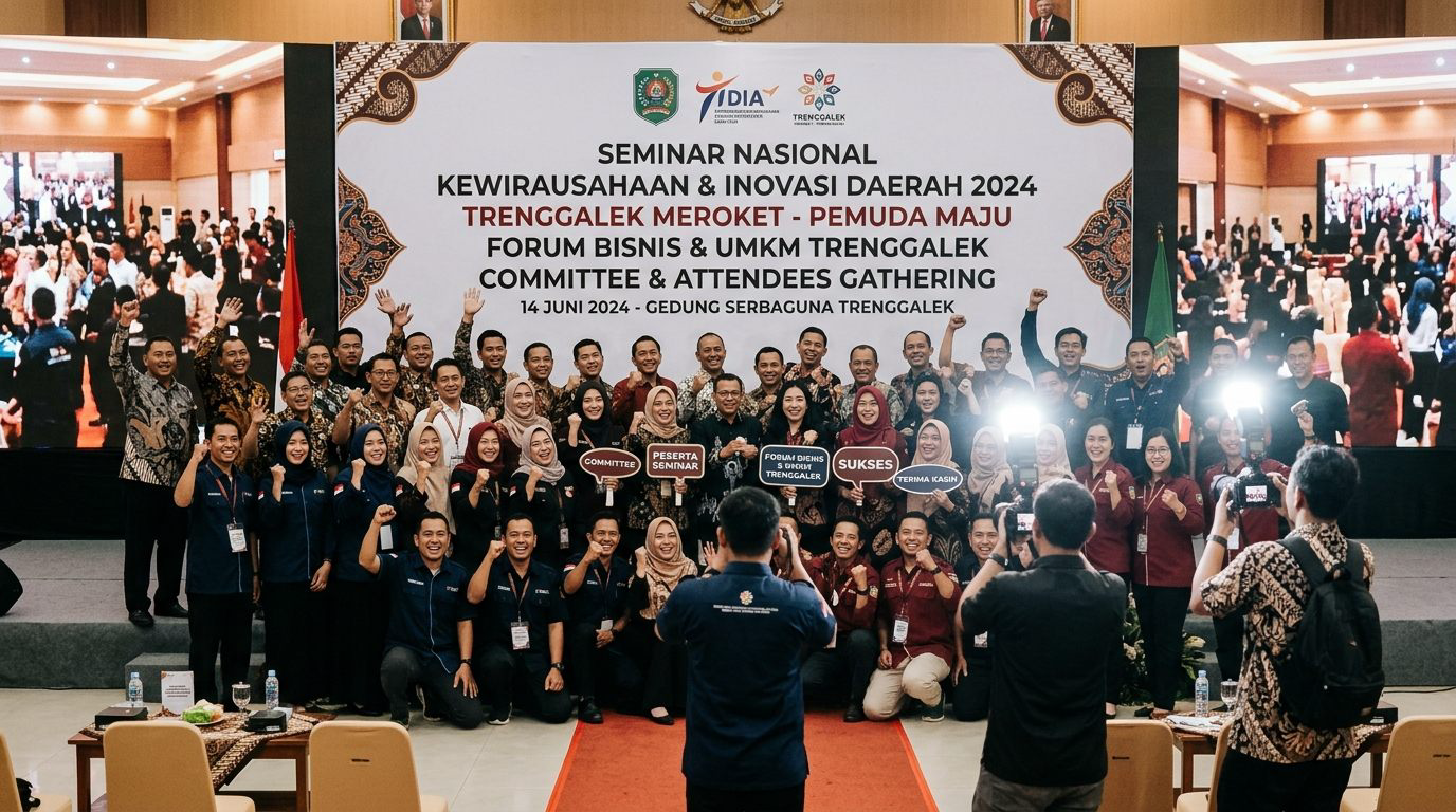 Sesi foto bersama di atas panggung acara Trenggalek di depan backdrop bebas pantulan cahaya flash kamera