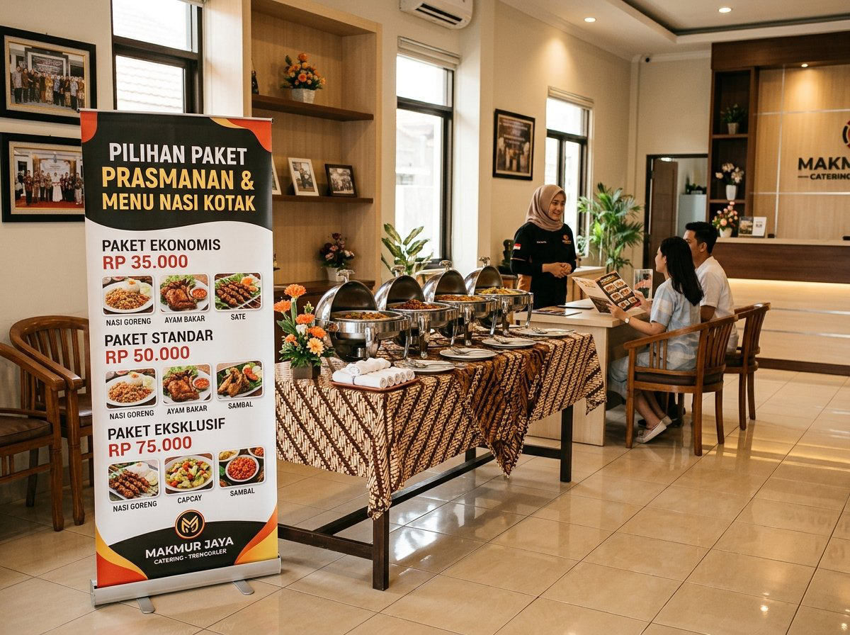 Standing roll-up banner daftar paket prasmanan dan menu nasi kotak di samping meja pemanas hidangan katering Trenggalek