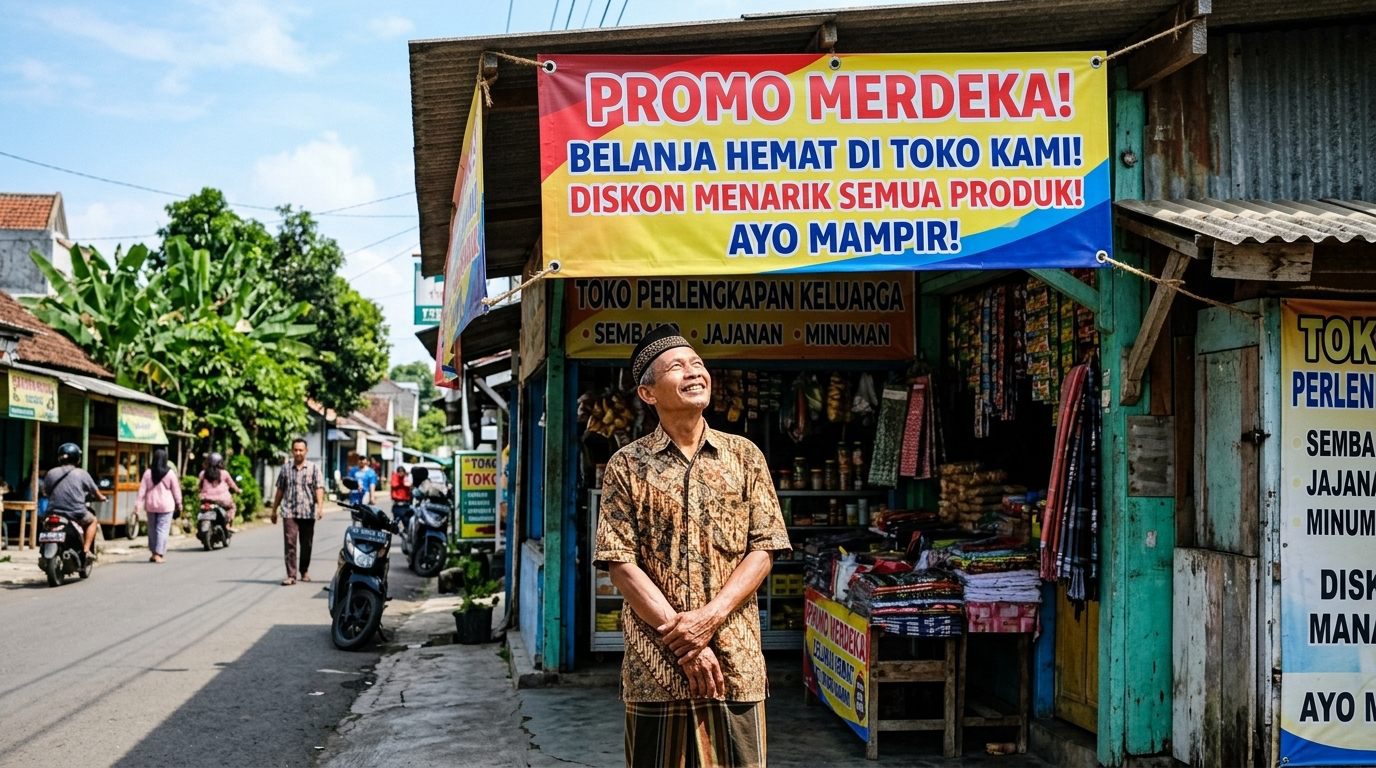 Pemilik toko di Trenggalek bangga melihat spanduk promosi hasil pesanan online terpasang rapi