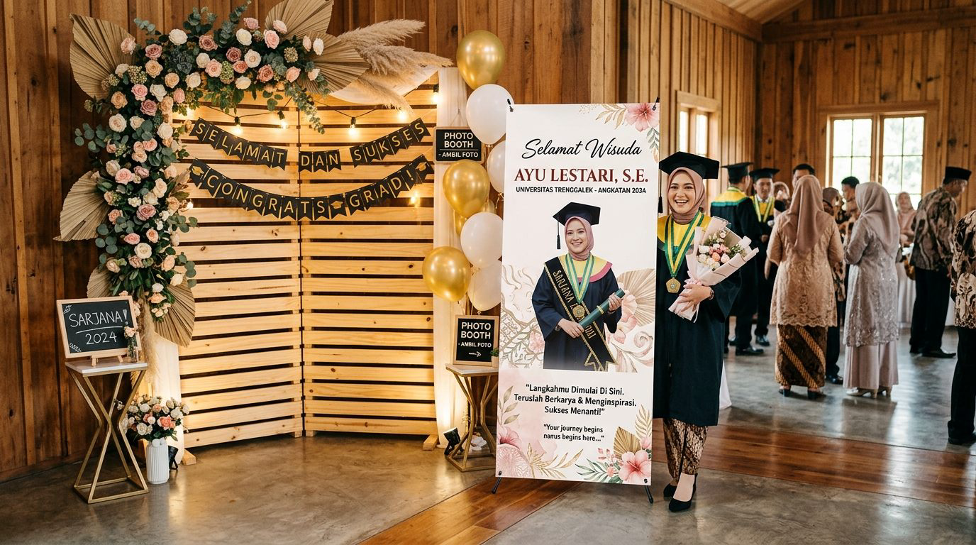 Standing banner wisuda estetik dengan foto portrait wisudawati dan kutipan motivasi di area photo booth