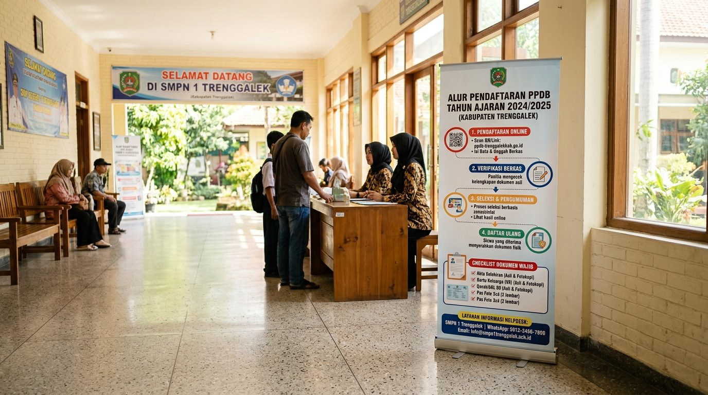 Standing roll up banner alur pendaftaran PPDB dan daftar kelengkapan berkas di lobi verifikasi sekolah Trenggalek