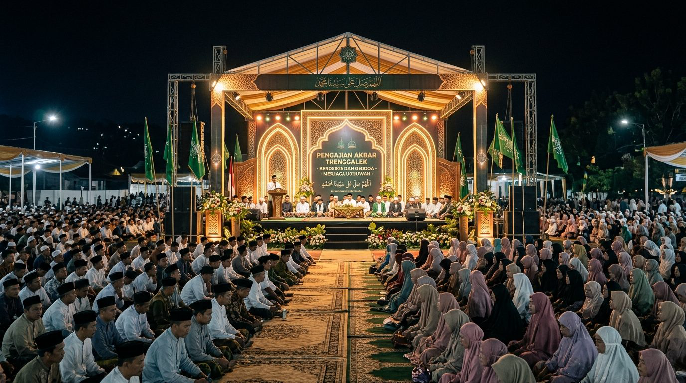 Ribuan jamaah pengajian akbar duduk khidmat di depan panggung megah berlatar belakang backdrop bernuansa islami di Trenggalek