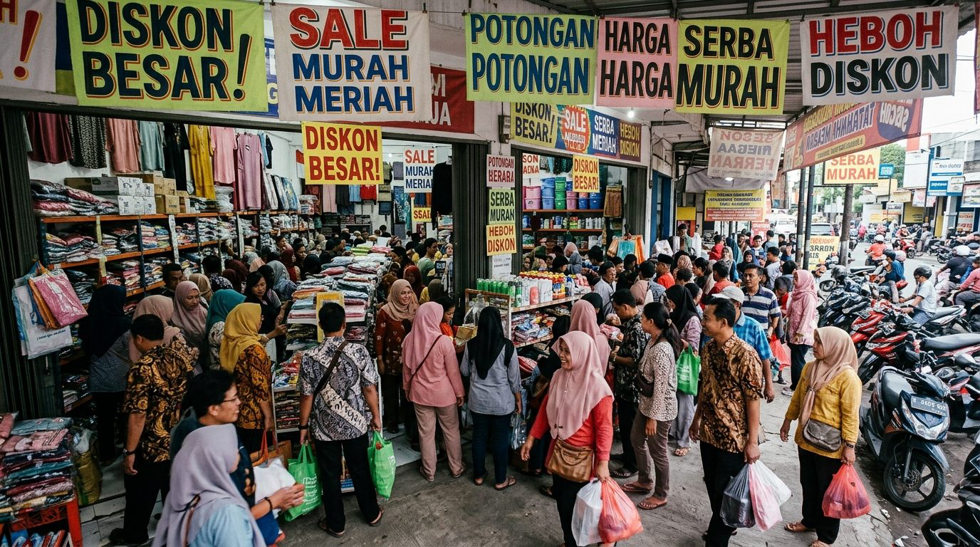Suasana toko pakaian di pasar Trenggalek dipadati pembeli di bawah deretan spanduk diskon dan obral hemat