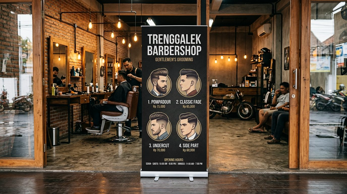 Standing roll up banner model gaya rambut pria dan daftar harga cukur di depan pintu barbershop Trenggalek