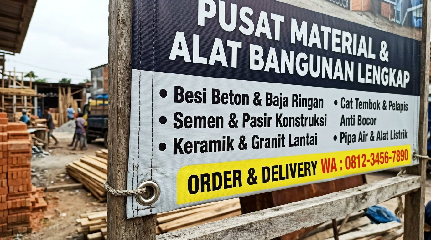 Detail tata letak daftar material konstruksi besi semen keramik dan nomor layanan antar pada spanduk toko bangunan
