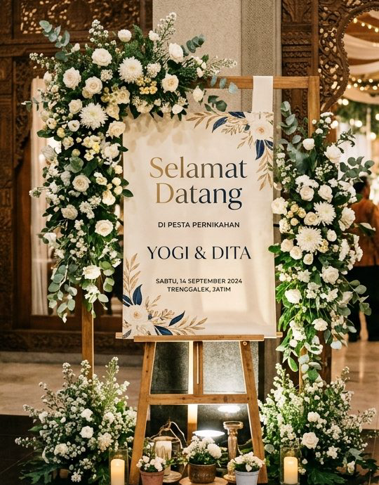 Banner selamat datang terpasang anggun di atas standing easel kayu berhiaskan rangkaian bunga segar