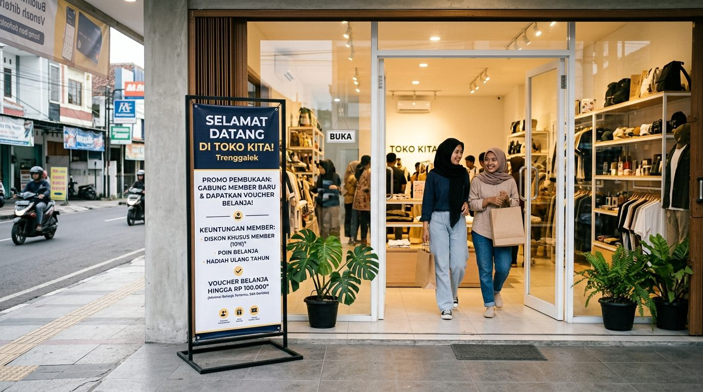 Standing banner promosi voucher belanja dan member diletakkan di pintu masuk toko Trenggalek