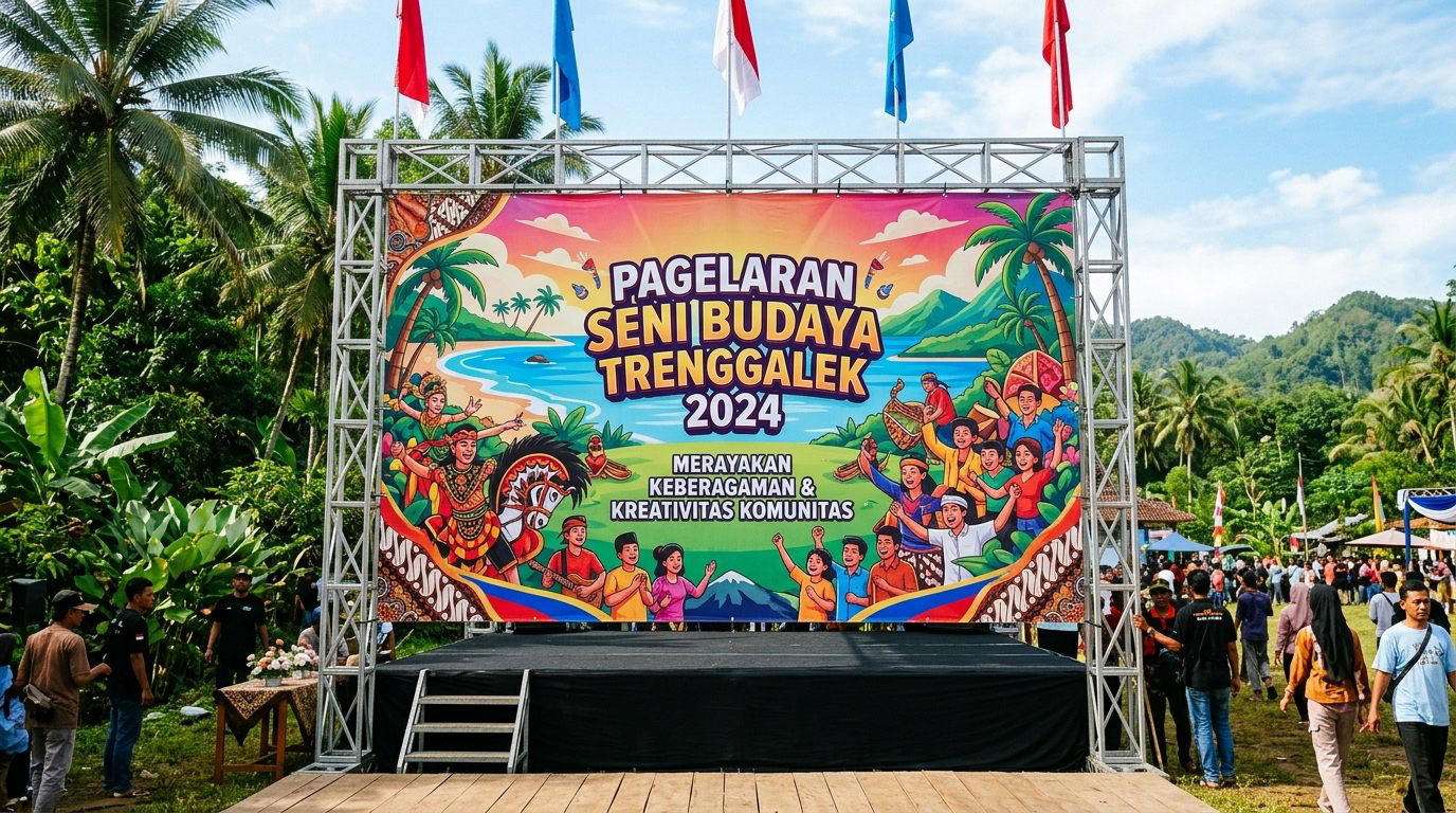 Backdrop panggung seni budaya di Trenggalek dengan spanduk berwarna tajam terbentang rapi