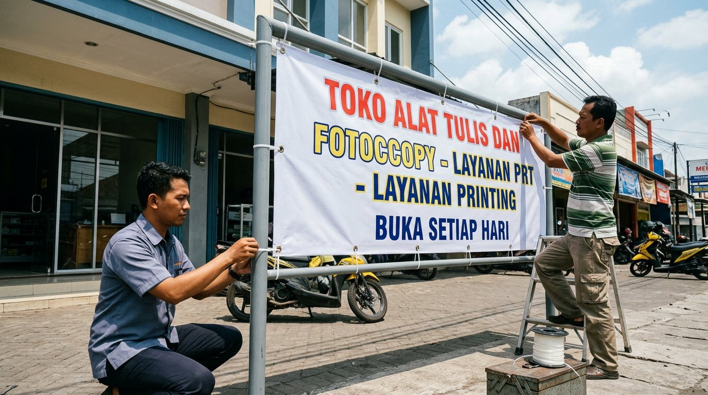Pemasangan spanduk outdoor pada rangka besi di Trenggalek