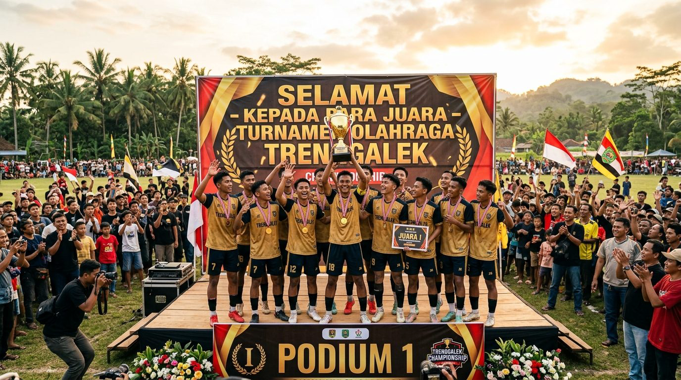 Suasana selebrasi tim juara mengangkat trofi piala emas di atas panggung berlatar backdrop megah turnamen di Trenggalek