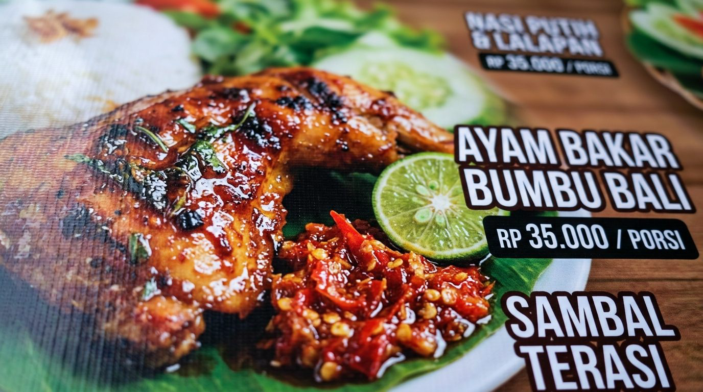 Detail foto makanan ayam bakar bumbu bali dengan sambal terasi beresolusi tajam pada banner menu