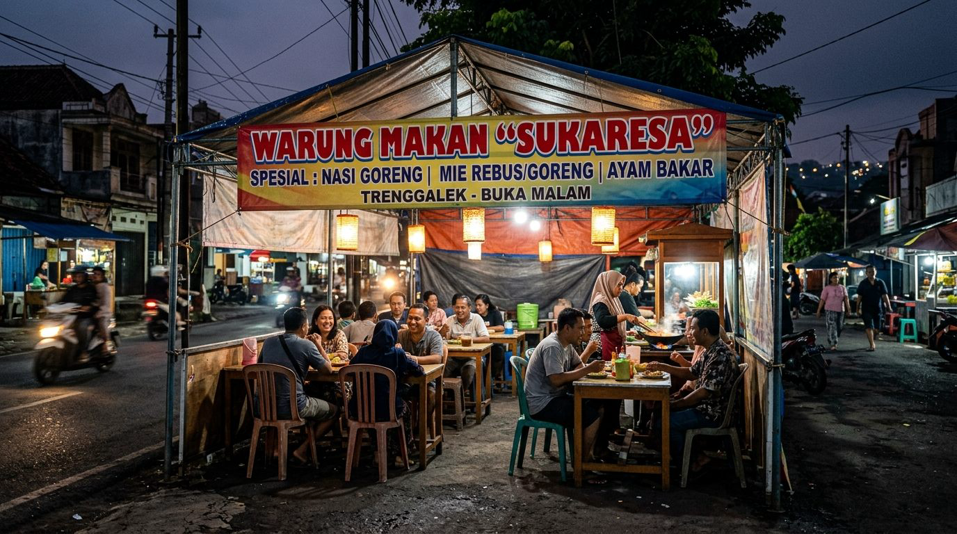 Warung tenda kuliner malam di tepi jalan Trenggalek tetap berdiri kokoh dan terang meski diterpa angin