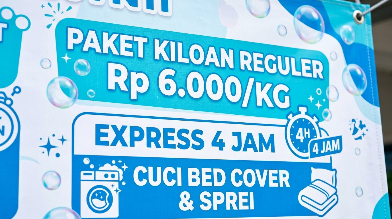 Detail daftar harga paket kiloan reguler dan express empat jam dengan ikon mesin cuci pada spanduk laundry