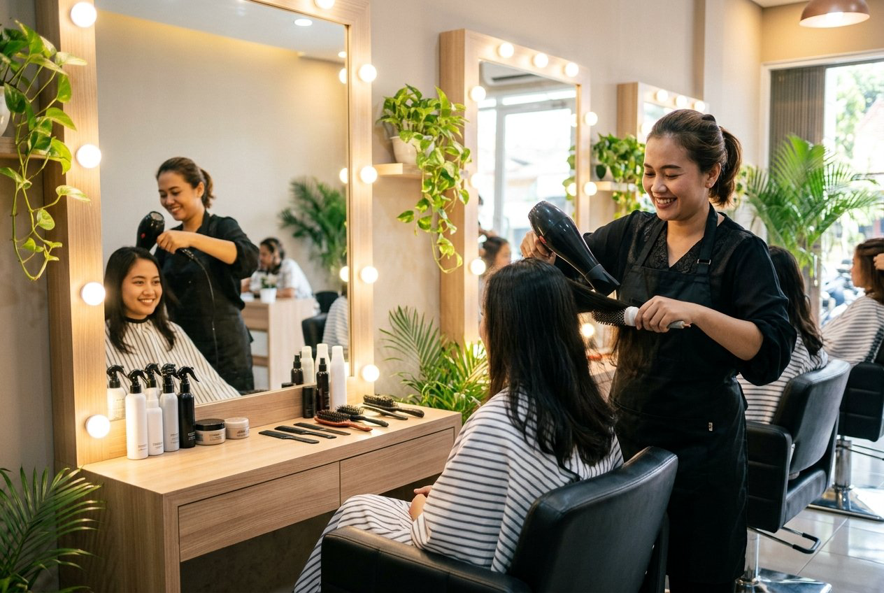 Suasana perawatan dan penataan rambut pelanggan di depan cermin rias studio salon modern di Trenggalek