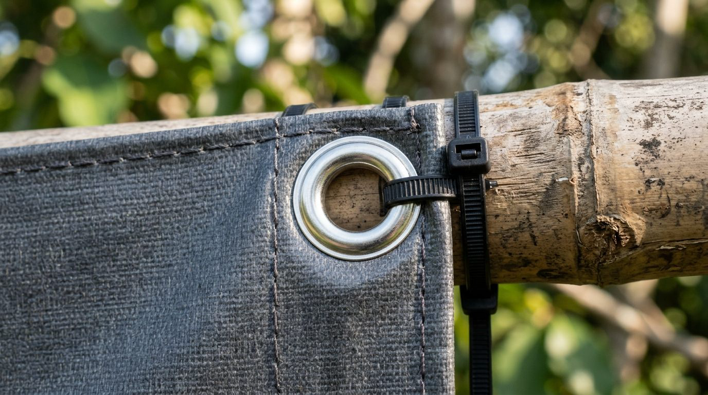 Detail pemasangan kabel ties nilon pada ring mata ayam spanduk tenda bambu yang kencang dan rapi