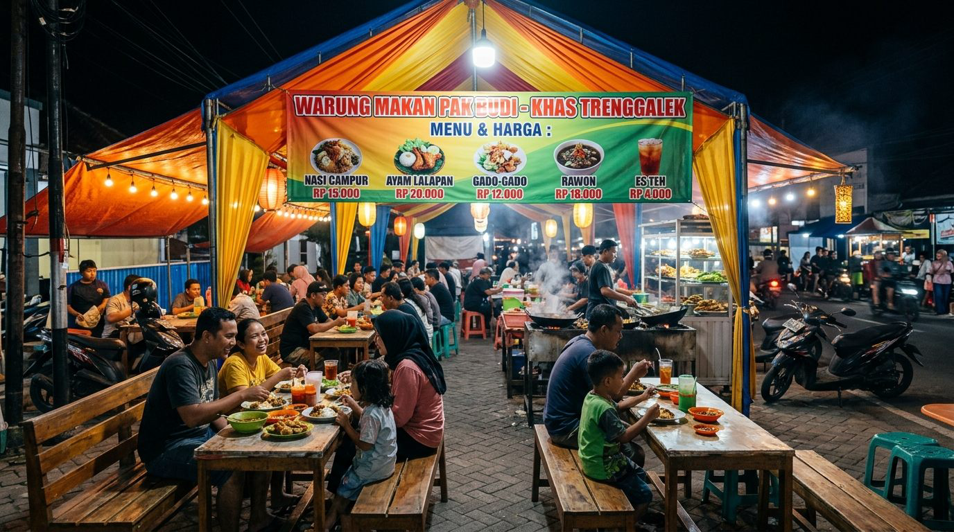 Suasana warung tenda kuliner kaki lima di Trenggalek dipadati pembeli dengan spanduk menu menyala hangat