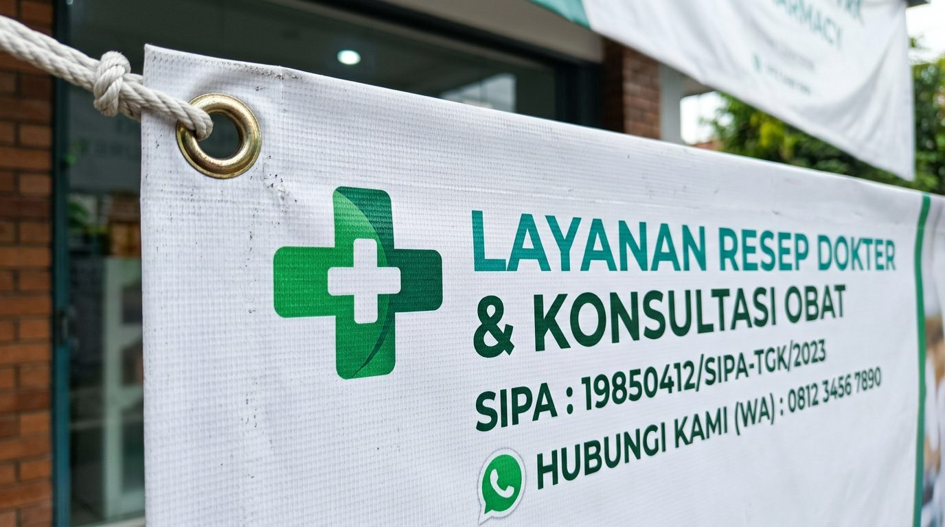 Detail visual simbol palang hijau medis, nomor izin praktik apoteker SIPA, dan nomor layanan konsultasi resep pada spanduk apotek