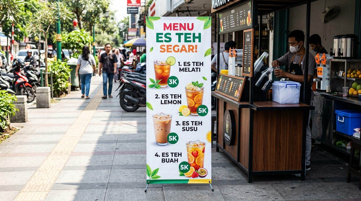 Standing banner X-banner daftar menu varian es teh segar dan harga terjangkau di samping booth