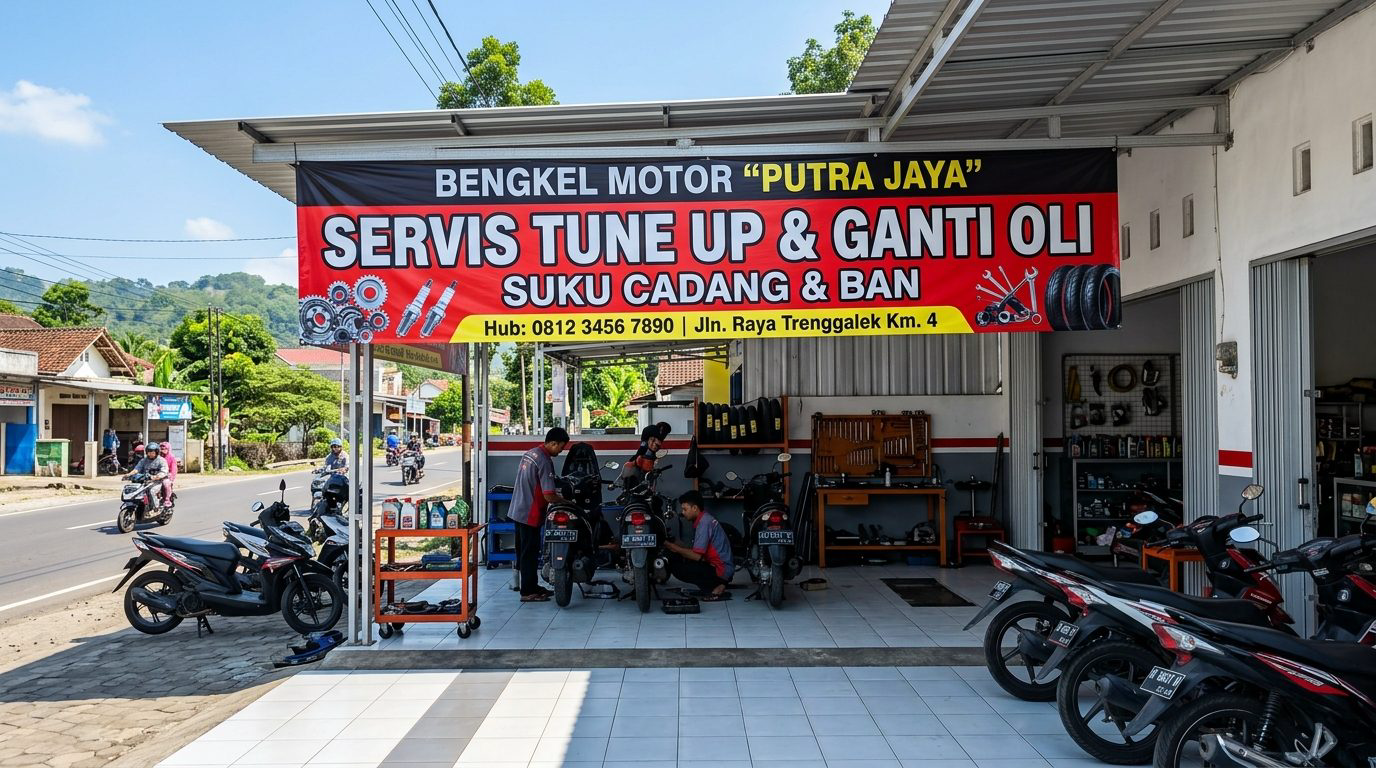 Pasang Spanduk Bengkel Trenggalek Tahan Oli dan Panas