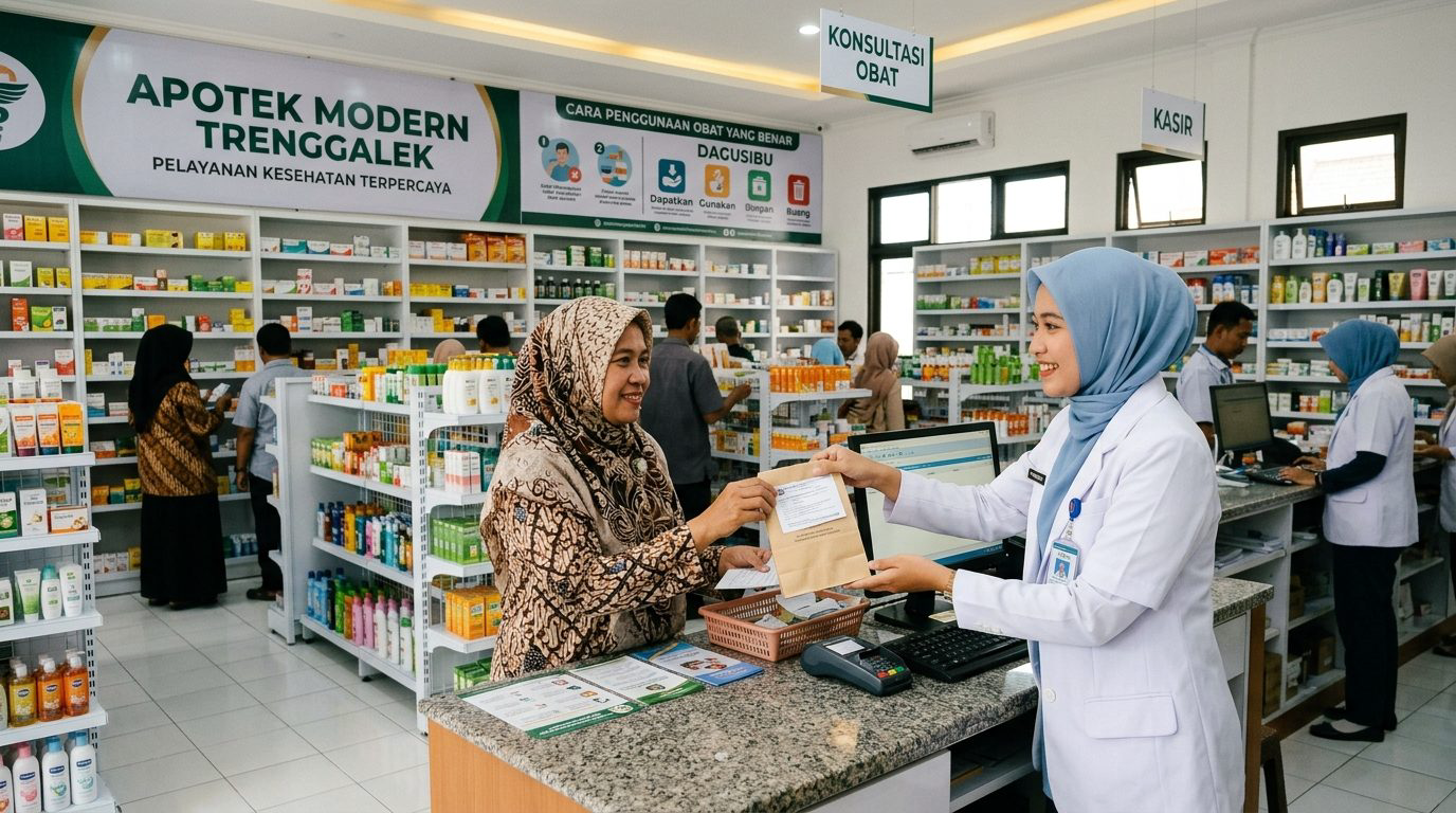 Suasana pelayanan apotek modern di Trenggalek dengan apoteker ramah melayani pasien di bawah banner informasi kesehatan