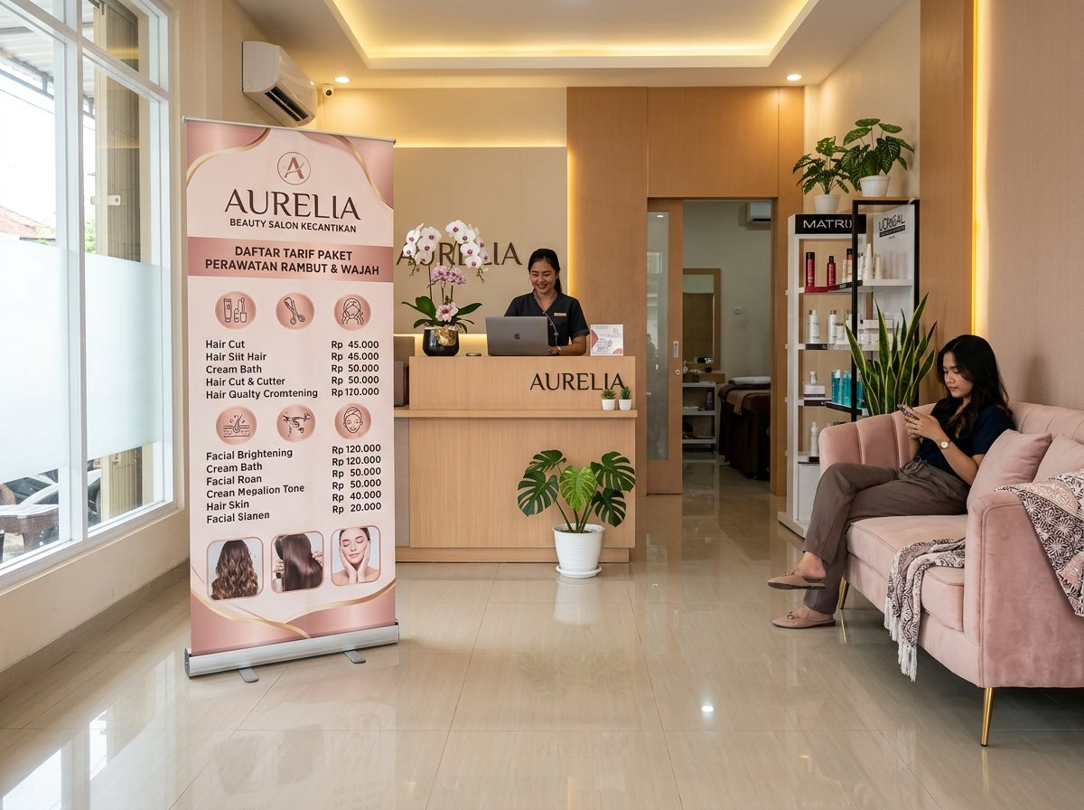 Standing roll-up banner daftar tarif paket perawatan rambut dan wajah di ruang tunggu salon Trenggalek