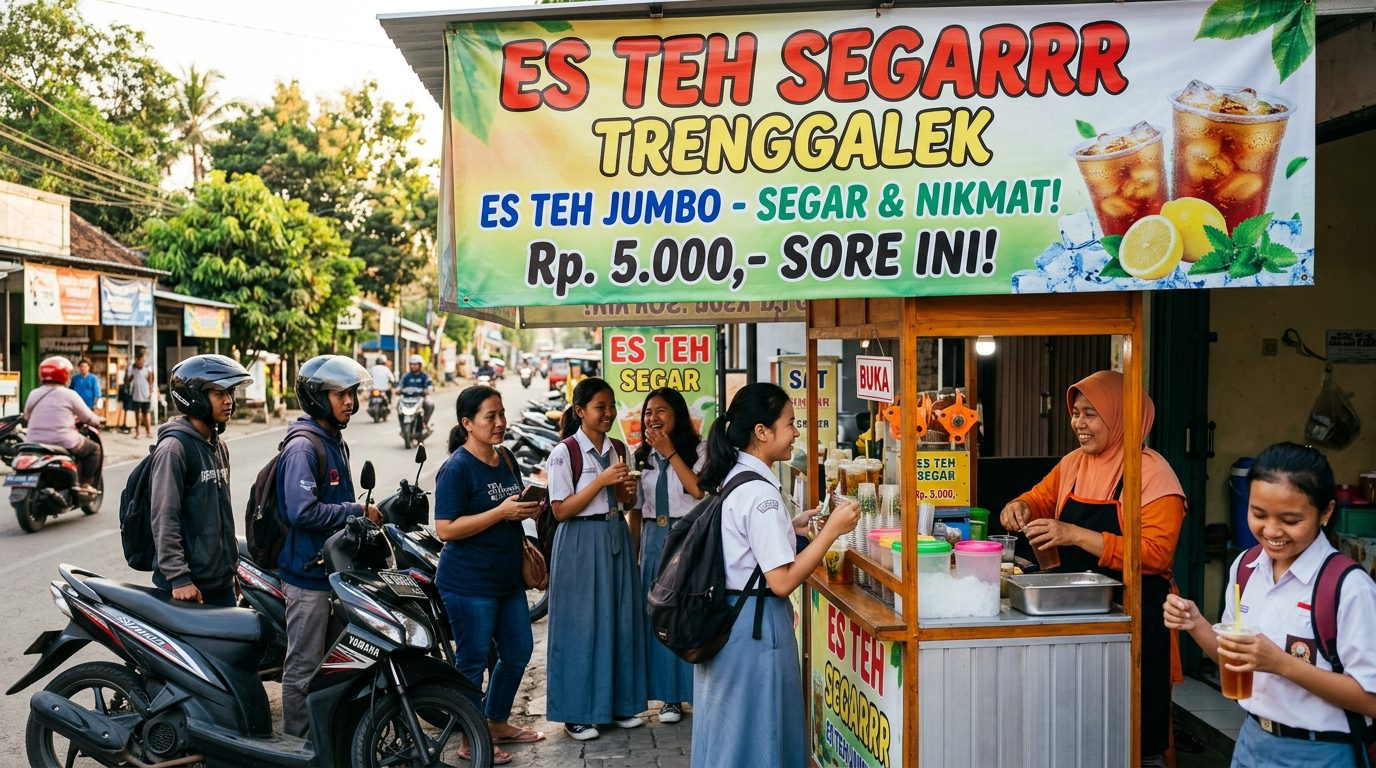 Gerai booth es teh jumbo ramai antrean pembeli pelajar dan warga di Trenggalek