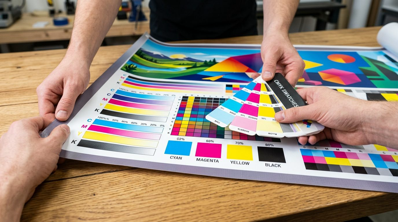 Inspeksi kalibrasi warna CMYK dan perbandingan sampel cetak banner di meja kerja