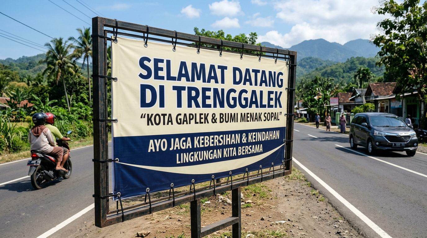 Spanduk outdoor yang terbentang rata dan kencang pada rangka besi di tepi jalan Trenggalek