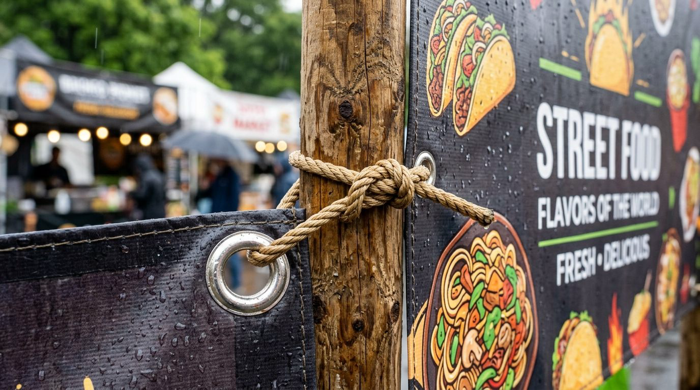Detail sambungan kelim dan ring mata ayam pada spanduk tenda kuliner kaki lima