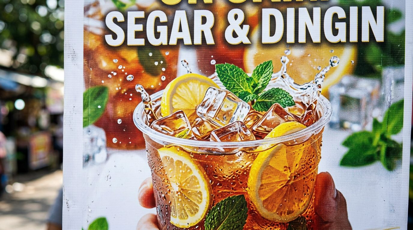 Detail visual es batu kristal, irisan lemon, dan daun mint segar pada banner promosi es teh
