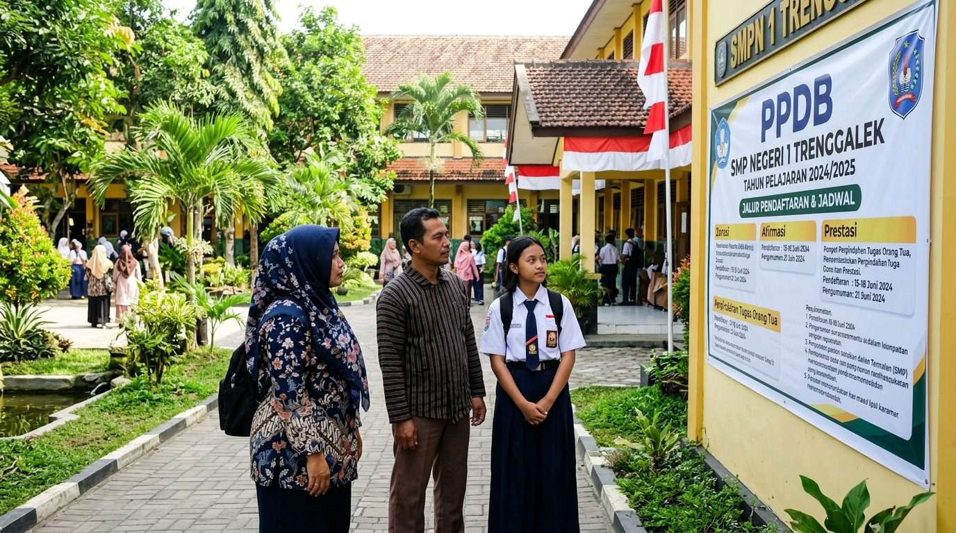 Orang tua dan calon siswa memperhatikan informasi jalur pendaftaran pada spanduk PPDB di dinding sekolah Trenggalek