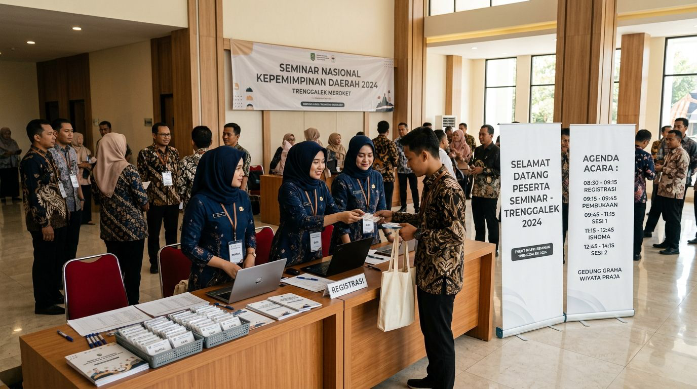 Standing banner informasi dan registrasi di lobi acara seminar Trenggalek