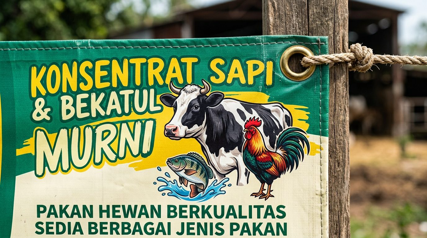 Detail visual ilustrasi sapi perah, ayam jago, ikan air tawar, teks konsentrat sapi bekatul murni, dan ring mata ayam pada spanduk