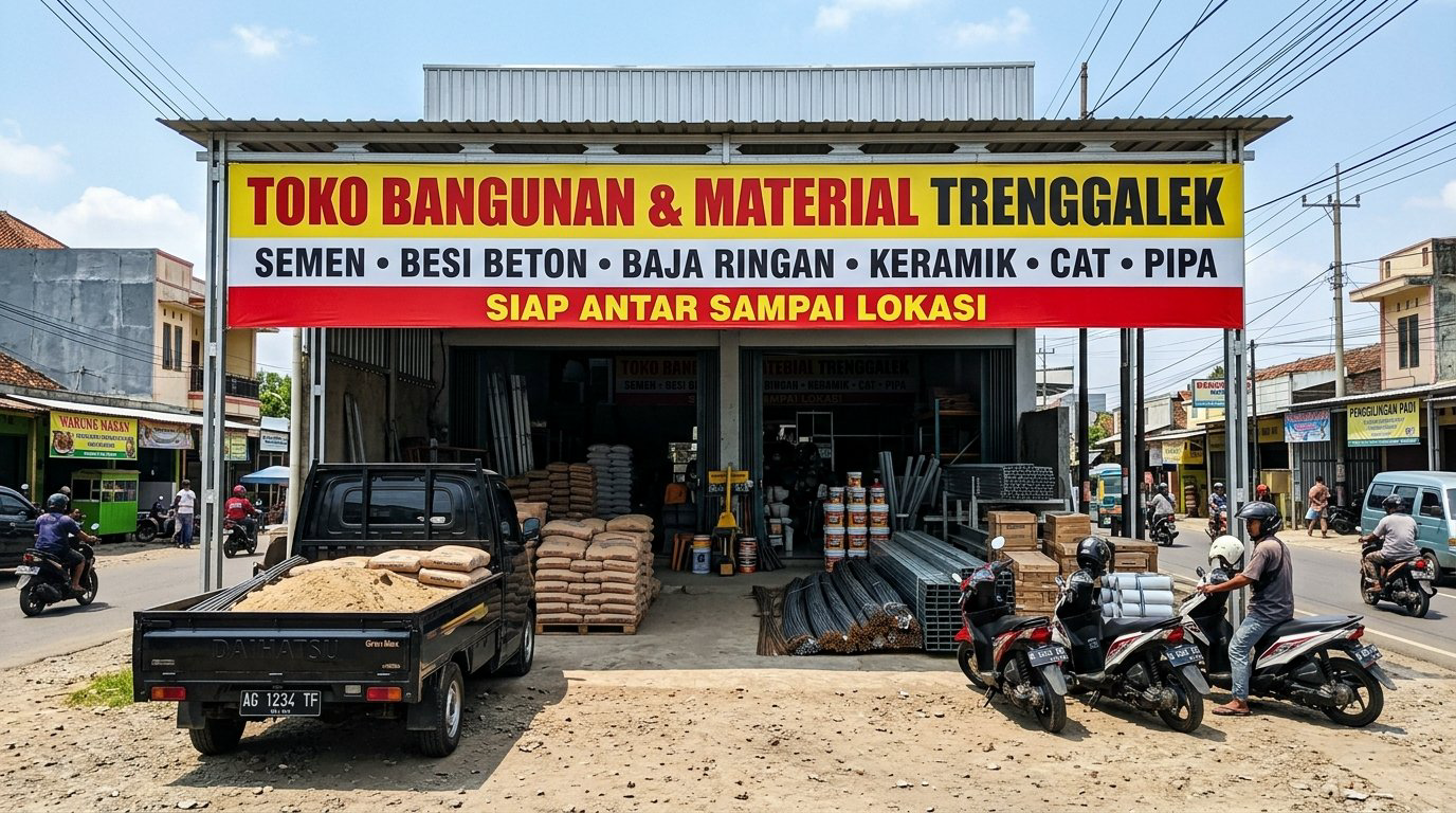 Pasang Banner Toko Bangunan Trenggalek Kokoh Luar Ruang