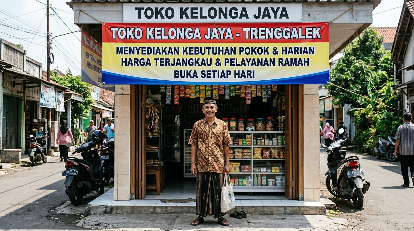 Hasil pemasangan banner toko yang rapi dan menarik di kawasan Trenggalek