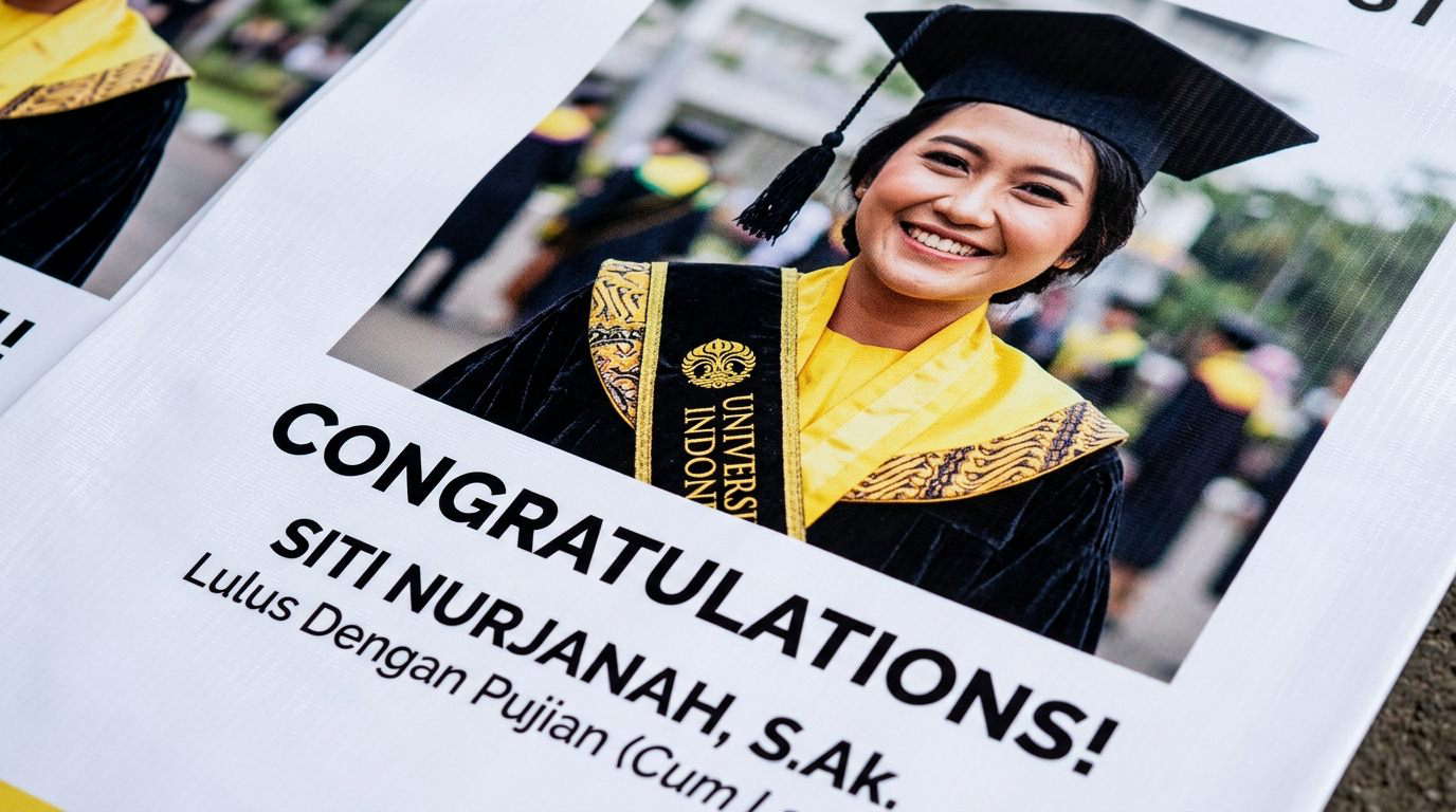Detail hasil cetak foto portrait wisudawati beresolusi tajam pada bahan vinil flexi banner wisuda