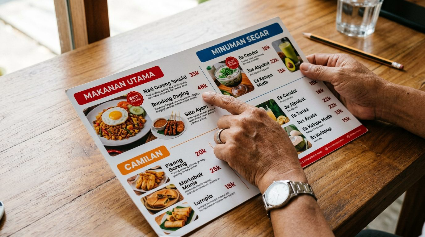 Penataan tata letak desain menu kuliner yang terbagi dalam kategori makanan utama minuman dan camilan