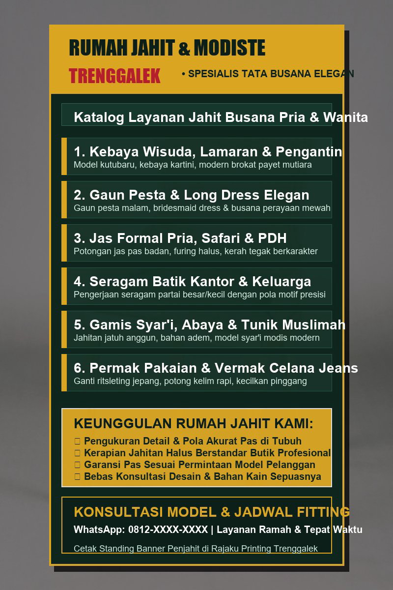 Standing roll up banner daftar layanan jahit kebaya gaun jas dan seragam keluarga di Trenggalek