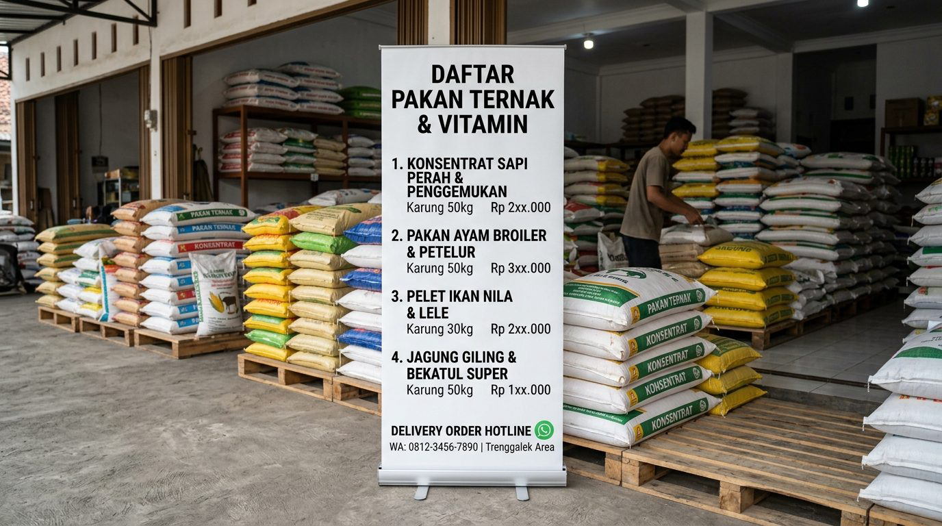 Standing roll up banner katalog daftar harga pakan sapi ayam dan layanan antar di gudang pakan ternak Trenggalek