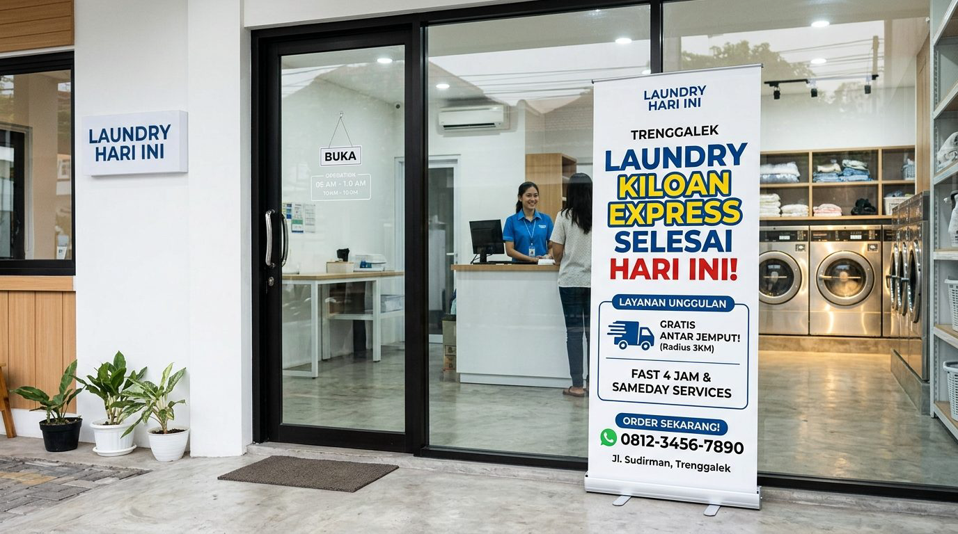 Standing roll up banner layanan laundry kiloan express dan gratis antar jemput di depan outlet Trenggalek