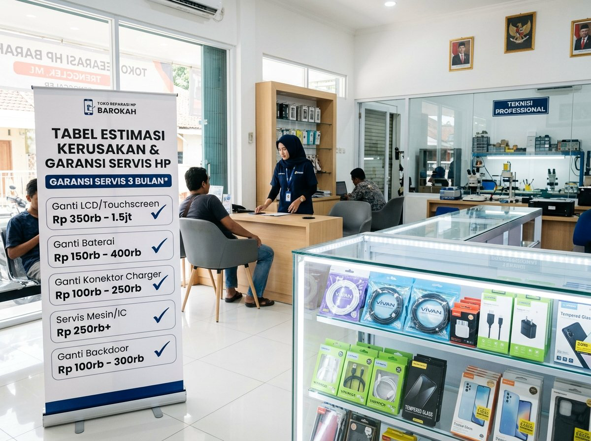 Standing roll-up banner tabel estimasi biaya servis dan garansi di area resepsionis